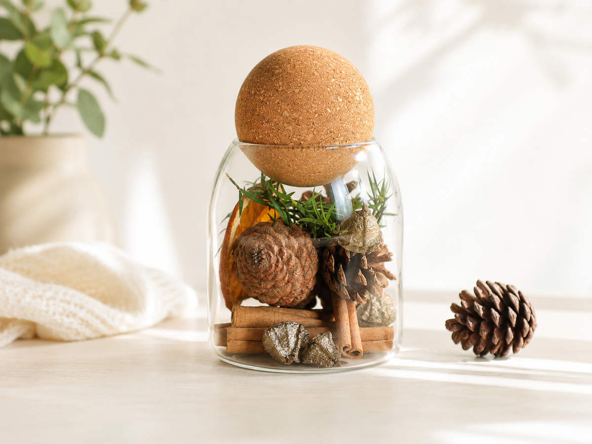 Glass jar with cork lid filled with pinecones, cinnamon sticks and dried orange