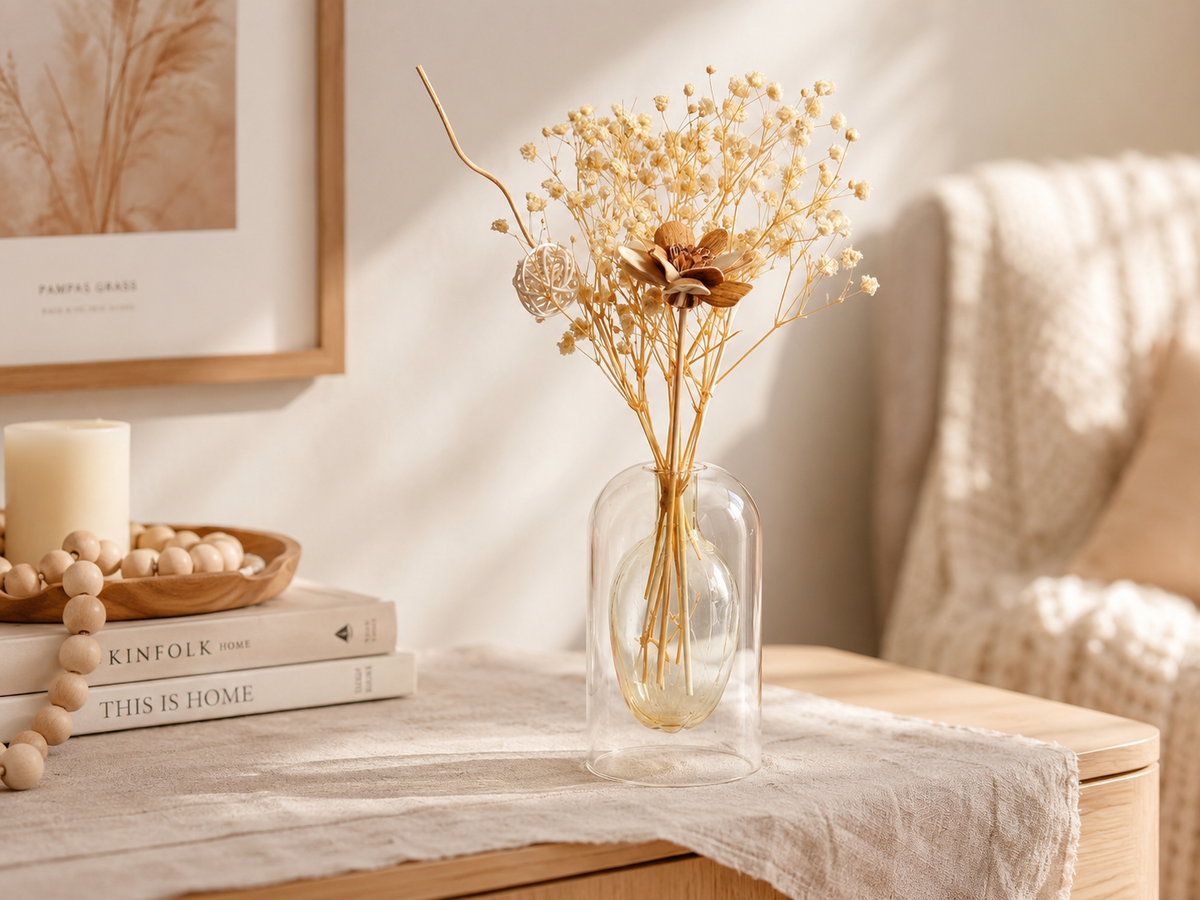 A clear glass vase filled with dried cream-colored baby's breath and a brown flower, styled on a light wood table in a warm, sunlit room with a knit chair and books in the background.