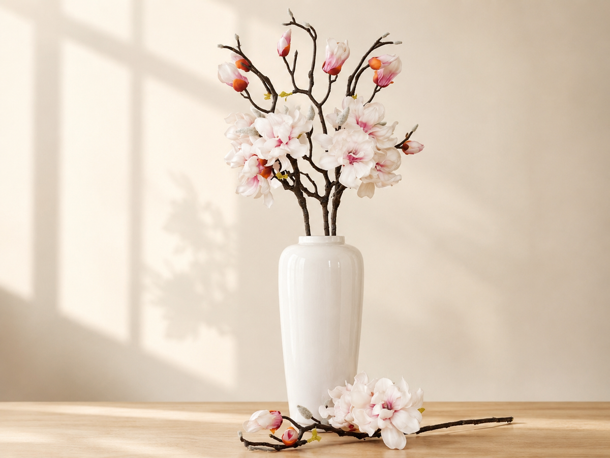 Faux magnolia blossoms with pink buds and catkins on dark woody branches