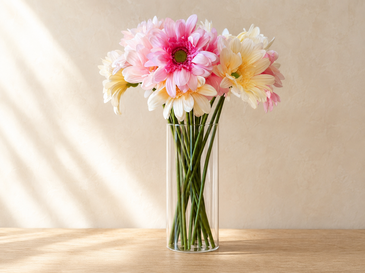 Pink and cream faux gerbera daisies with green centres in a clear glass vase