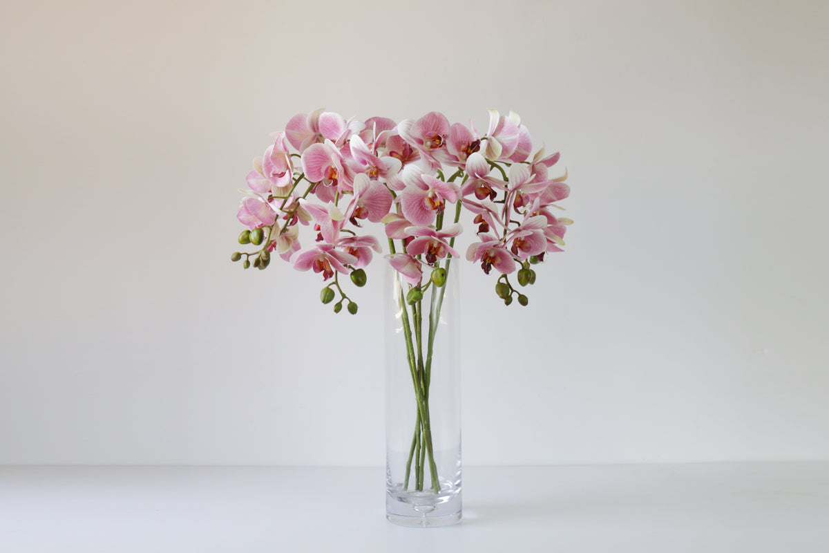 Pink faux butterfly orchids arranged in a clear glass cylinder vase