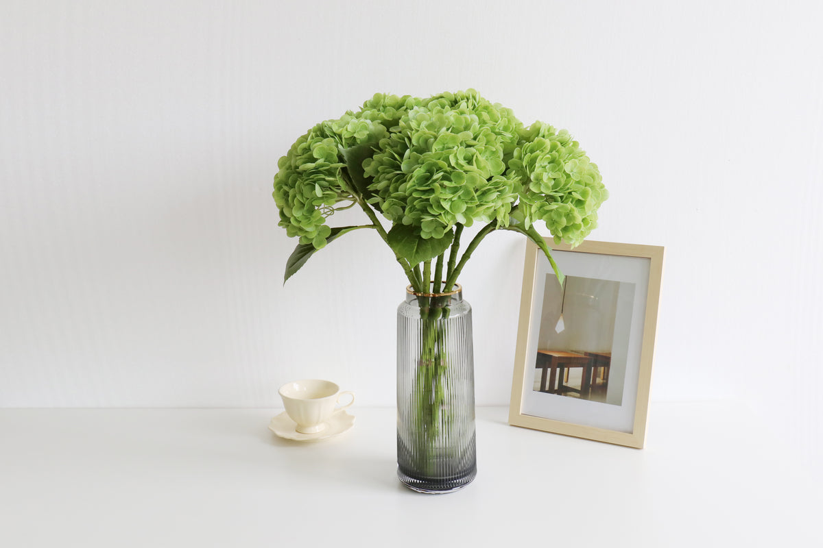 Large green hydrangea blooms with full rounded heads in a tall grey vase