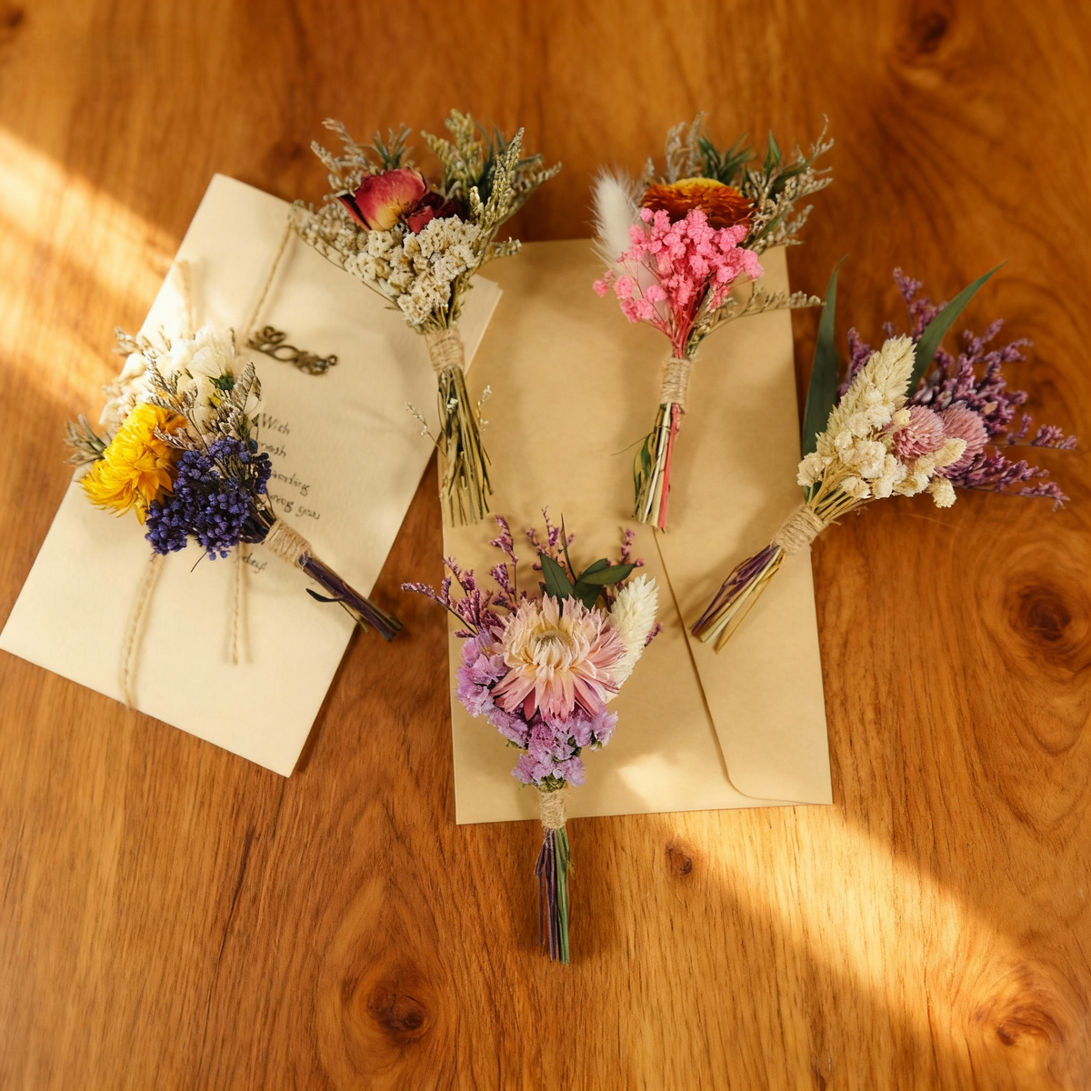 Five dried wildflower mini bouquets in mixed colours, tied with twine on kraft envelopes